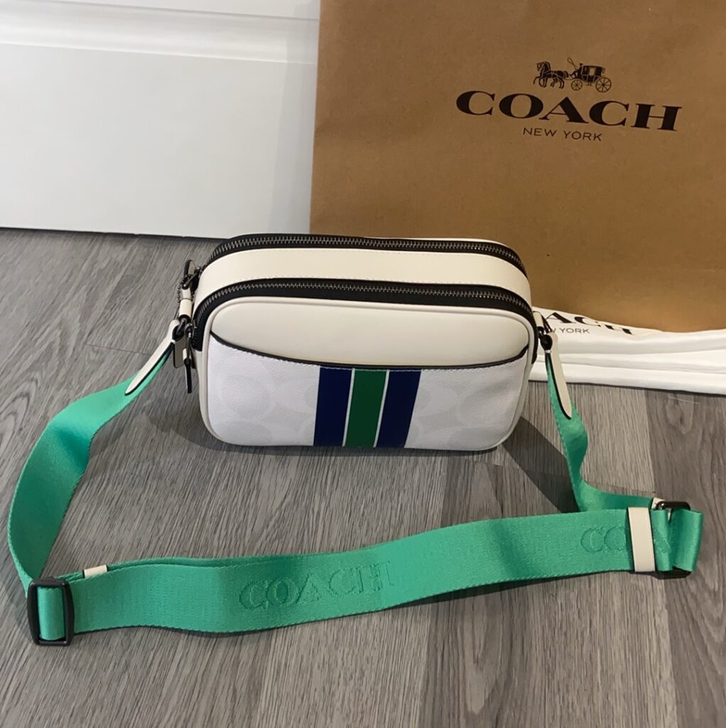Bolsa camera branca com faixa verde 4