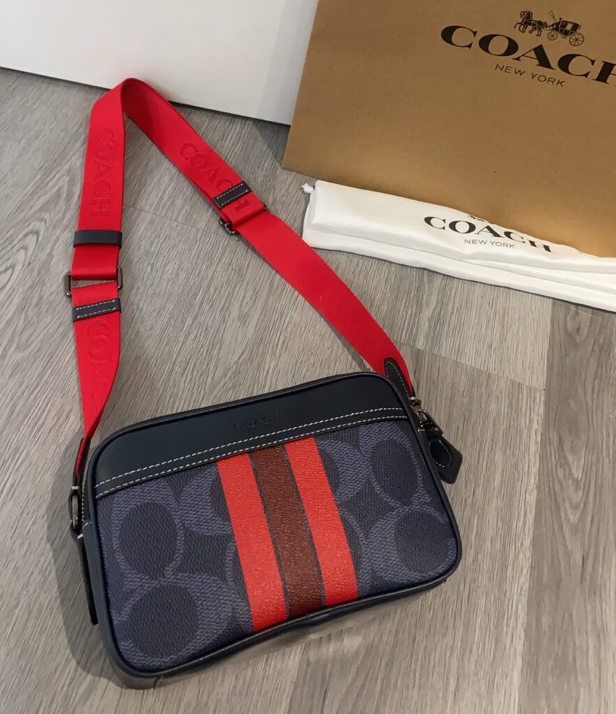 Bolsa camera azul com faixa vermelha 4