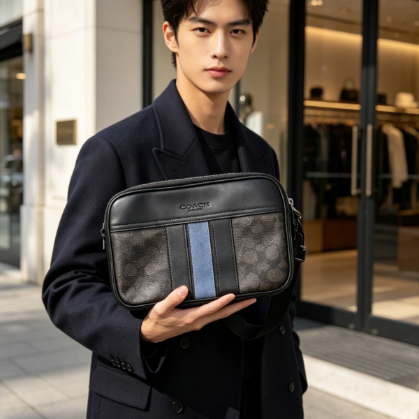 Bolsa camera marrom com faixa azul