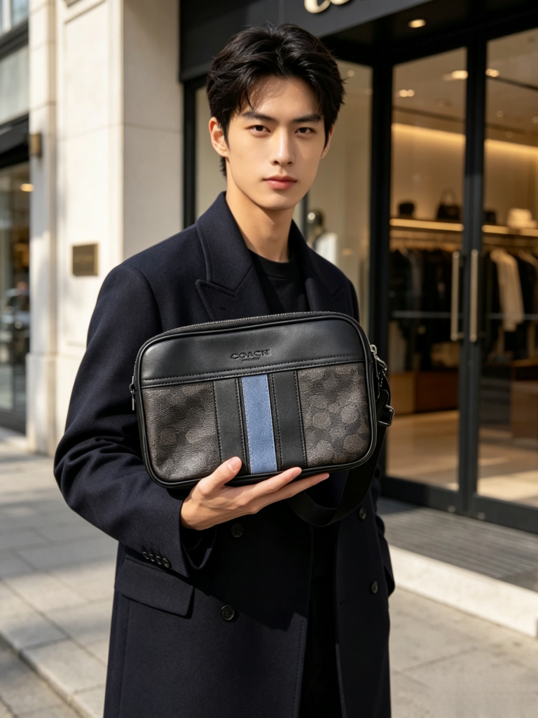 Bolsa camera marrom com faixa azul