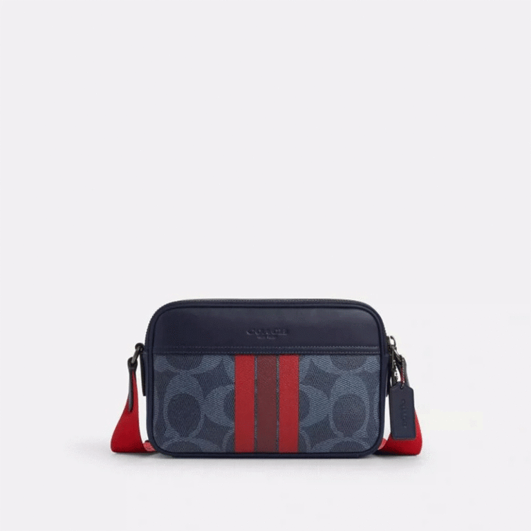 Bolsa camera azul com faixa vermelha