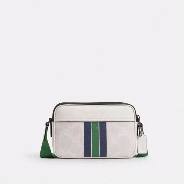 Bolsa camera branca com faixa verde