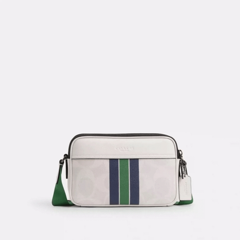 Bolsa camera branca com faixa verde